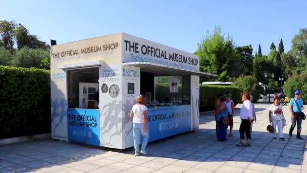アテネ アティカ ギリシャ 10月 2018 アテネアティカギリシャで最初のオリンピックのチケットと博物館のショップの有名なパナセナシックスタジアム — ストック動画