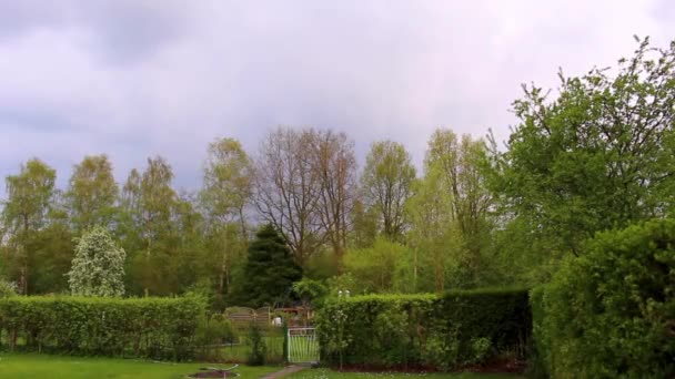 德国Leherheide Bremerhaven的绿树成荫花园堆肥床草坪和烧烤区 — 图库视频影像