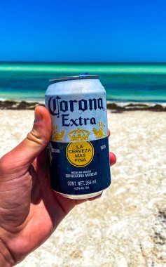 Quintana Roo Mexico 17 'deki Holbox Adası. Mayıs 2022, Quintana Roo Mexico 'daki Holbox Adası' ndaki cennette Corona Extra birası içmek..