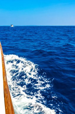 Mirissa Beach Southern Eyaleti Sri Lanka 19. Mart 2018 Katamaran gemi turu Mirissa Sahili Matara Bölgesi Güney Sri Lanka Bölgesi 'nde mavi balina turistleri ve deniz okyanusu ve su.