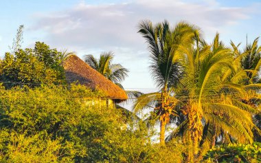 Dağlar, Panorama tepeleri kayalıklar ve tepe tropikal manzarayla Puerto Escondido Oaxaca 'daki kulübe oteli..