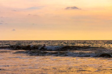 Bentota Sahili, Galle Bölgesi, Güney Sri Lanka Adası 'nda muazzam güçlü dalgalar ve berrak suyla güneşli manzara manzarası..