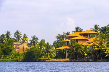 Bentota Sahili, Galle Bölgesi, Güney Sri Lanka Bölgesi Bentota Ganga Nehri Gölü 'ndeki mangrov ormanlarında tekne gezisi tekneleri..