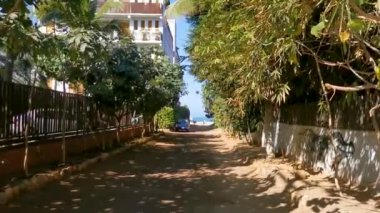 Tipik ve renkli paradisiacal cadde, evleri, daireleri restoranları, restoranları, hurda ağaçlarını, doğayı ve ormanı, Puerto Escondido Oaxaca Meksika 'da..