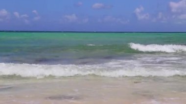 Playa del Carmen Mexico 'da turkuaz mavi su dalgalarıyla inanılmaz tropikal Meksika Karayip plajı ve deniz manzarası manzarası..