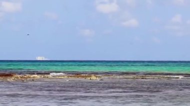 Playa del Carmen Quintana Roo Meksika 'daki berrak turkuaz mavi sularıyla Cozumel adasına inanılmaz tropik Meksika deniz ve sahil manzarası manzarası.