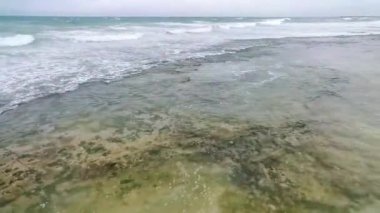 Playa del Carmen Meksika 'da berrak turkuvaz mavi suları ve büyük dalgaları olan muhteşem tropik Meksika Karayip plajı ve deniz manzarası manzarası..