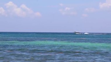 Tekne yatları, Playa del Carmen Mexico 'daki tropikal Meksika sahili panorama manzarası ve turkuaz mavi sularında Katamaran feribot iskelesi iskelesi ve limanı..
