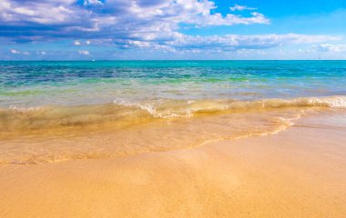 Playa del Carmen Mexico 'da turkuaz mavi su dalgalarıyla inanılmaz tropikal Meksika Karayip plajı ve deniz manzarası manzarası..