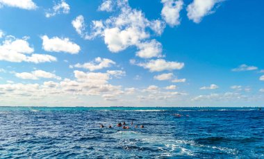 Cancun Quintana Roo Meksika 24. Ocak 2022 Cancun Quintana Roo Mexico 'daki Mujeres Adası' nda açık denizde yüzen insanlar.