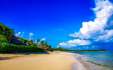 Çok eğlenceli insanlarla dolu tropik Meksika Karayip plajı ve denizi. Güneş şemsiyeleri. Playa del Carmen Meksika 'da turkuaz palmiye suyu..
