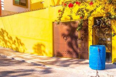 Playa del Carmen Quintana Roo Meksika 'da tropik cennette, palmiye ağaçları ve sarı renkli modern tipik binalar ve mimari oteller tatil beldeleri ve daireler..