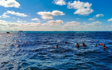 Cancun Quintana Roo Meksika 24. Ocak 2022 Cancun Quintana Roo Mexico 'daki Mujeres Adası' nda açık denizde yüzen insanlar.