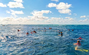 Cancun Quintana Roo Meksika 24. Ocak 2022 Cancun Quintana Roo Mexico 'daki Mujeres Adası' nda açık denizde yüzen insanlar.