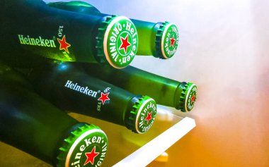 Heineken birası Playa del Carmen Quintana Roo Meksika 'da cam şişe içinde altı bira..