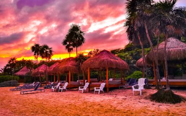 Berrak turkuaz mavi su bulutları, güneş ışığı ve palmiye ağaçlarıyla tropikal Meksika Karayipleri plaj manzarasında inanılmaz renkli günbatımı gündoğumu..