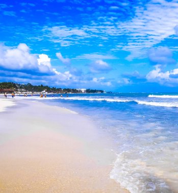 Çok eğlenceli insanlarla dolu tropik Meksika Karayip plajı ve denizi. Güneş şemsiyeleri. Playa del Carmen Meksika 'da turkuaz palmiye suyu..