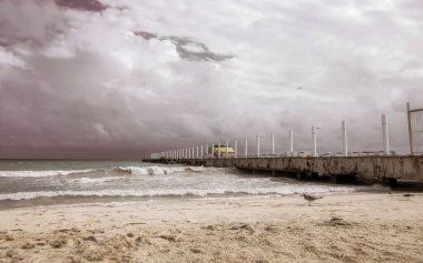 Tekne yatı Katamaran feribot iskelesi rıhtımı ve limanı Cozumel adasından Playa del Carmen Mexico 'ya giden tropik Meksika sahil feribotu..