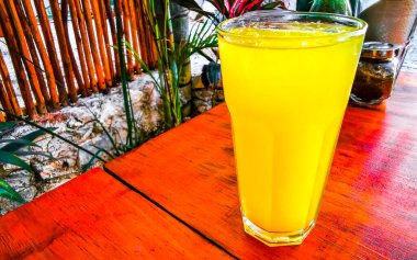 Playa del Carmen Quintana Roo Meksika 'daki restoranda bir bardak portakal suyu ve içecek..