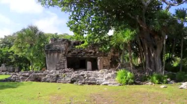 Xaman Ha Maya arkeolojik inşaat tapınakları Playacar Playa del Carmen Quintana Roo 'daki kireçtaşı kaya taşlarından yapılmış binalar..