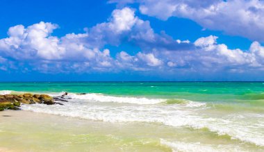 Taşlar, Playacar Playa del Carmen Quintana Roo Meksika 'daki Karayipler sahilinde turkuaz yeşil ve mavi sularda kayalar sallıyor..