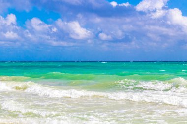 Plaacar Playa del Carmen Mexico 'da berrak turkuaz mavi su ve dalgalı deniz kıyıları ile tropik Meksika Karayip sahili manzarası.