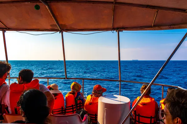 Mirissa Beach Southern Eyaleti Sri Lanka 19. Mart 2018 Katamaran gemi turu Mirissa Sahili Matara Bölgesi Güney Sri Lanka Bölgesi 'nde mavi balina turistleri ve deniz okyanusu ve su.