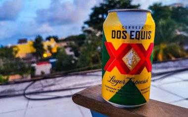 Playa del Carmen Quintana Roo Mexico 'da tropikal manzarada elinde Dos Equis XX birası.