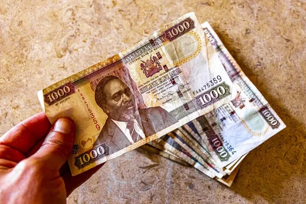 stock image 1000 200 100 and 50 bill Kenya shilling money in Africa on a wooden table.