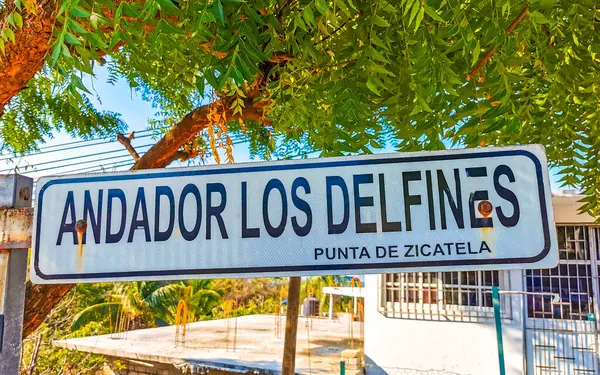 stock image Blue and white road street signs and name for orientation of streets and roads in Zicatela Puerto Escondido Oaxaca Mexico.