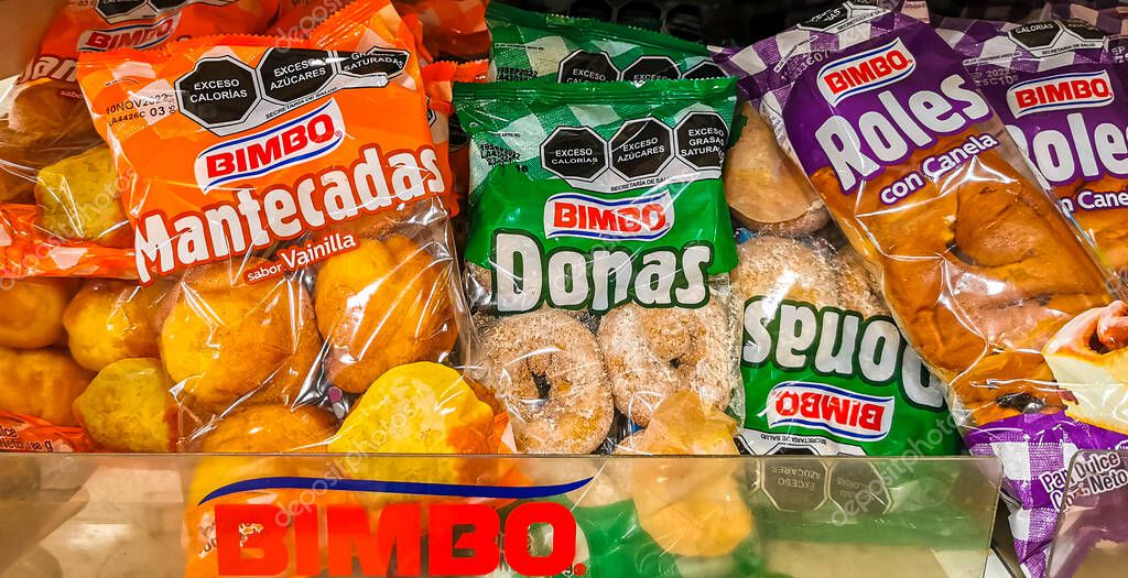 Bimbo different sweet bread packaging in the supermarket in Playa del Carmen in Mexico.