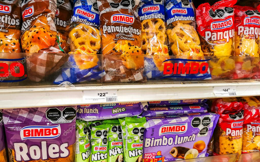 Bimbo different sweet bread packaging in the supermarket in Playa del Carmen in Mexico.
