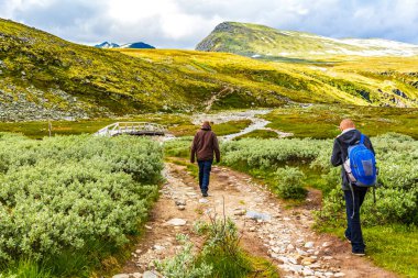 Young male hiker men friends and beautiful summer landscape panorama with mountains river lake rocks and hiking trail of Rondane National Park in Ringbu Innlandet Norway in Scandinavia. clipart