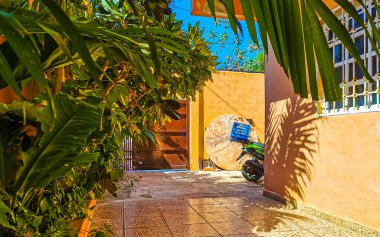 Playa del Carmen Quintana Roo Mexico 09. Nisan 2023 Panorama manzarası tropikal peyzaj sokak palmiye ağaçları ve Playa del Carmen Quintana Roo Meksika.