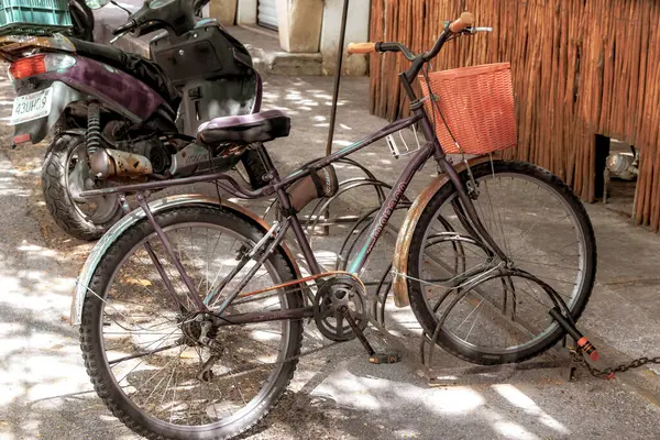 Playa del Carmen Quintana Roo Meksika 'daki plaj girişine park etmiş bisiklet bisikletleri..