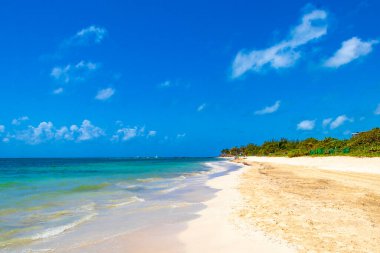 Playa del Carmen Meksika 'da turkuaz mavi su dalgaları ve beyaz kumla inanılmaz tropik Meksika Karayip plajı ve deniz manzarası manzarası..