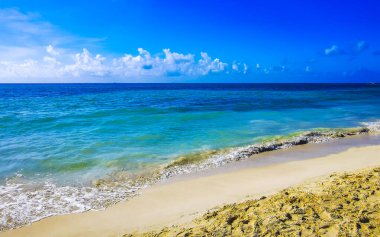 Playa del Carmen Meksika 'da turkuaz mavi su dalgaları ve beyaz kumla inanılmaz tropik Meksika Karayip plajı ve deniz manzarası manzarası..