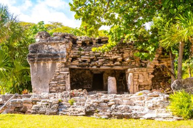 Xaman Ha Maya arkeolojik inşaat tapınakları Playacar Playa del Carmen Quintana Roo 'daki kireçtaşı kaya taşlarından yapılmış binalar..