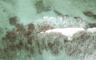 Mercan resifi Palancar deniz manzarası ve turkuaz yeşil ve mavi su ile Karayip deniz manzarası Playa del Carmen Quintana Roo Meksika 'da dalgalar.