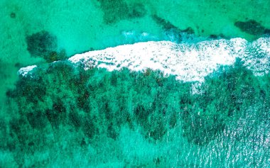 Mercan resifi Palancar deniz manzarası ve turkuaz yeşil ve mavi su ile Karayip deniz manzarası Playa del Carmen Quintana Roo Meksika 'da dalgalar.