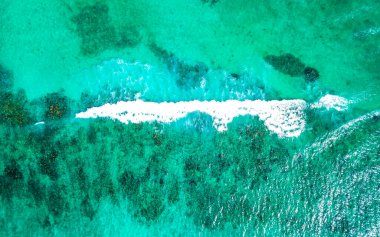 Mercan resifi Palancar deniz manzarası ve turkuaz yeşil ve mavi su ile Karayip deniz manzarası Playa del Carmen Quintana Roo Meksika 'da dalgalar.