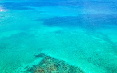 Mercan resifi Palancar deniz manzarası ve turkuaz yeşil ve mavi su ile Karayip deniz manzarası Playa del Carmen Quintana Roo Meksika 'da dalgalar.