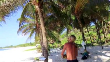 Playa del Carmen Quintana Roo Meksika 'daki palmiye ağaçlarıyla kumsala hindistan cevizi atarlar..