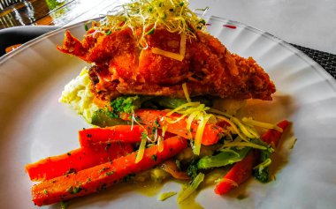 Playa del Carmen Quintana Roo Meksika 'da tavuklu sebzeli patates tabağı..