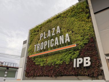 Plaza Tropicana caddelerinde trafik arabaları, mağazalar ve Orta Amerika Alajuela Kosta Rika 'daki insanlar..