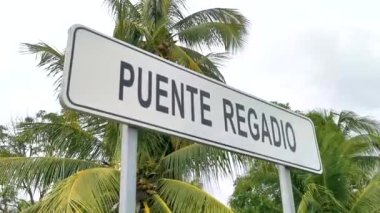 Zicatela Puerto Escondido Oaxaca Meksika 'da palmiye ağaçları ve tropikal doğa ile beyaz trafik tabelası.