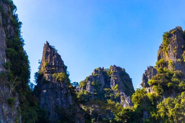 Güneydoğu Asya 'daki Vang Vieng Vientiane Eyaleti Laos' ta tropikal orman tepeleri kayalar ve mavi gökyüzü ile dağ zirvesi..