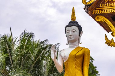 Pha Luang altın stupa ve Wat Luang Tai tapınağı ile Buda heykeli heykeli Vientiane Laos, Güneydoğu Asya 'da.