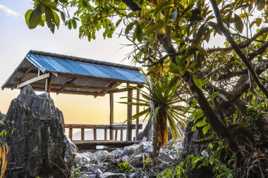 Güney Asya 'daki Vang Vieng Vientiane Vientiane Eyaleti Laos' taki tropikal orman ve ormandaki panorama manzaralı kulübe.