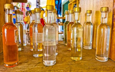 Küçük ruhlar ve içki şişeleri Zicatela Puerto Escondido Oaxaca Meksika 'daki ahşap rafta..